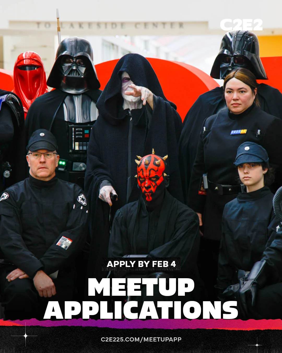 Announcement card: Sith cosplayers posed as a family portrait for meetup applications, apply by February 4