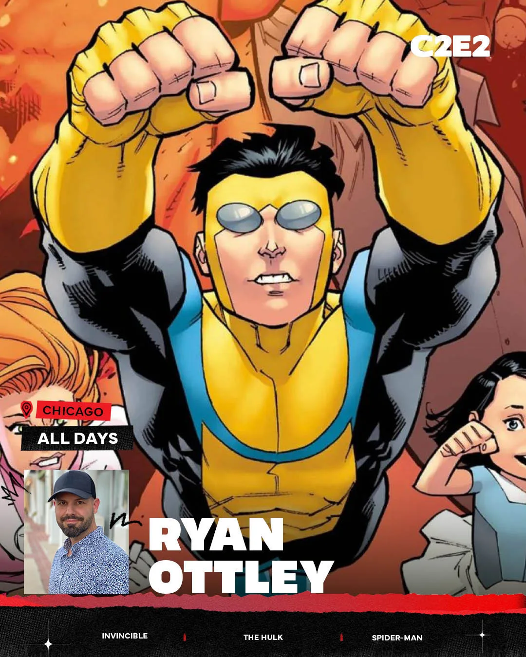 Comic artist card: Ryan Ottley's Invincible art flying at the viewer, Invincible, The Hulk and Spider-Man credited