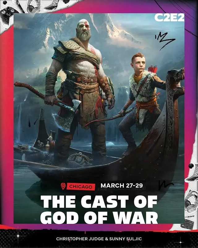 Group cast announcement card: Kratos and Atreus artwork for the cast of God of War, Christopher Judge and Sunny Suljic in the credit bar