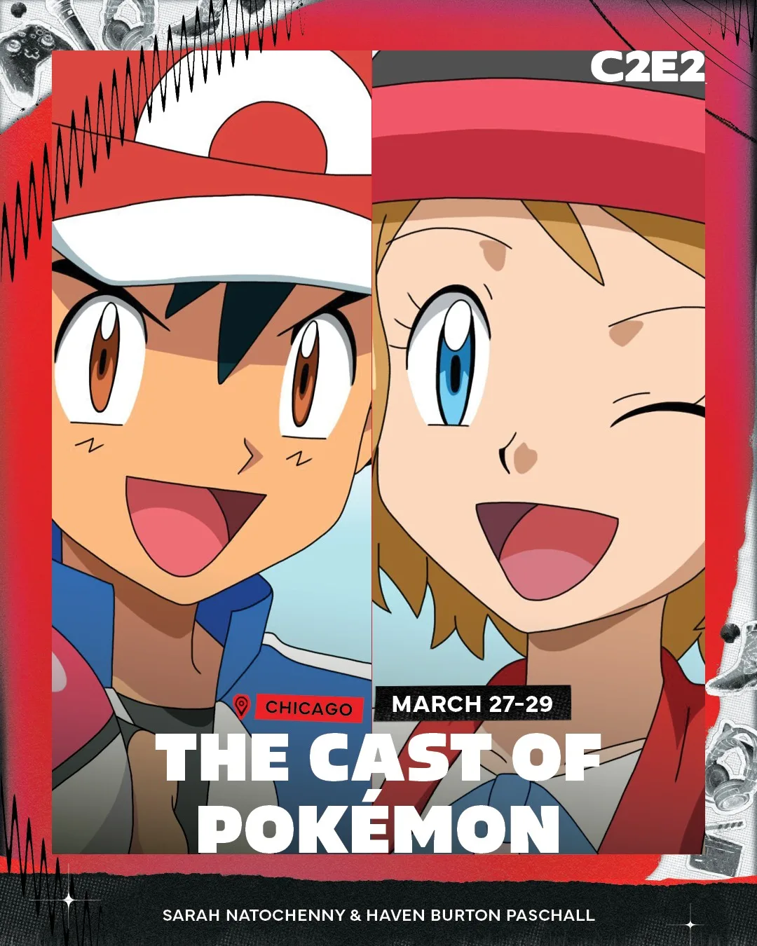 Group cast announcement card: Ash and Serena split the frame for the cast of Pokémon, Sarah Natochenny and Haven Burton Paschall credited