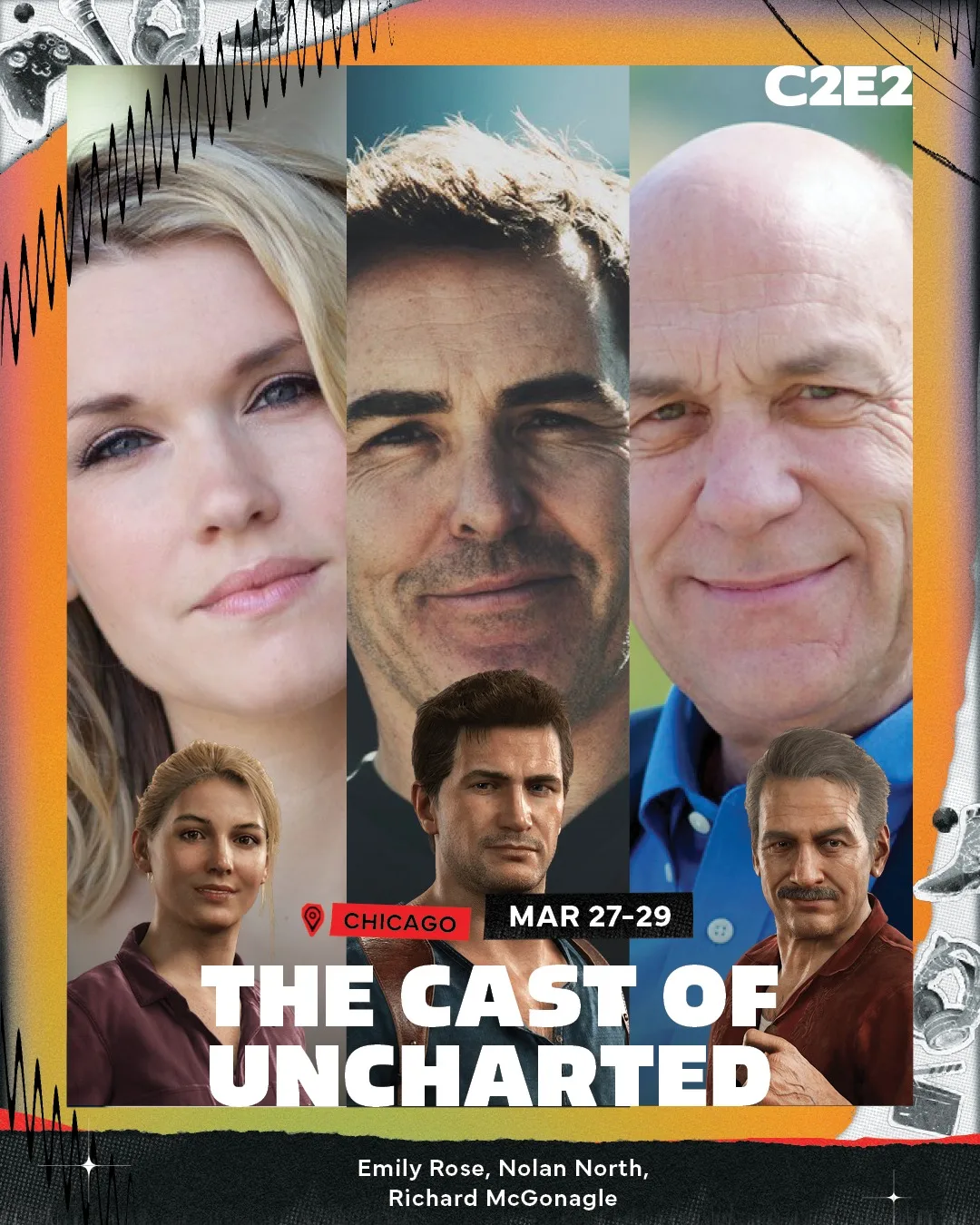 Group cast announcement card: Emily Rose, Nolan North and Richard McGonagle beside their Uncharted characters