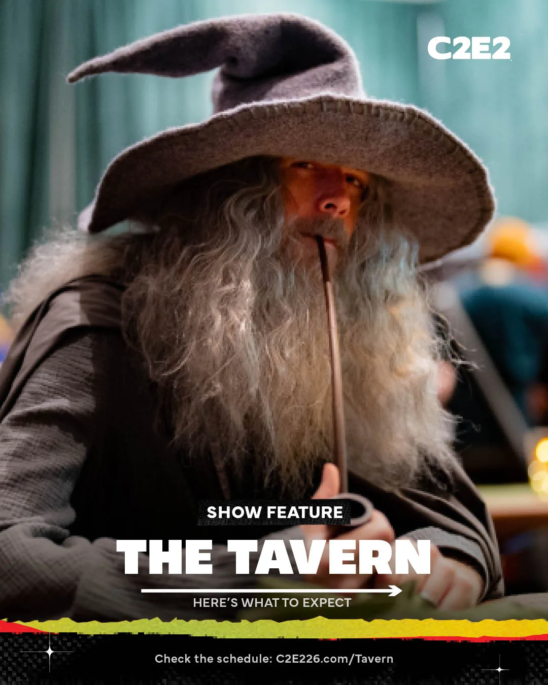 Show feature card: a wizard in a wide grey hat smoking a long pipe announces The Tavern