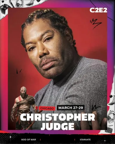 Guest card: Christopher Judge with Kratos standing at the corner, God of War and Stargate credited