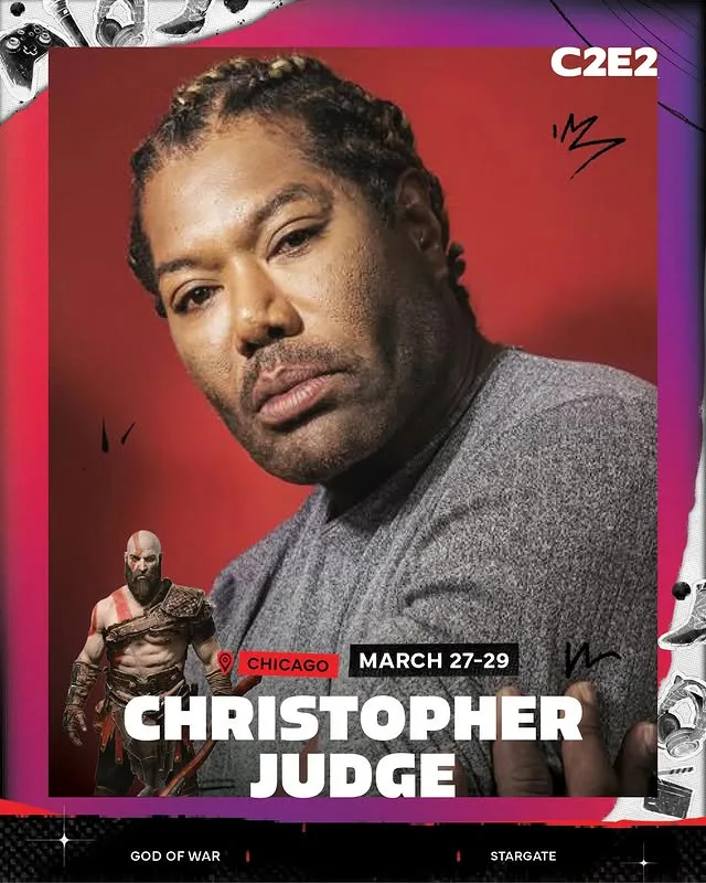 Guest announcement card: Christopher Judge with Kratos standing in at the corner, God of War and Stargate credited