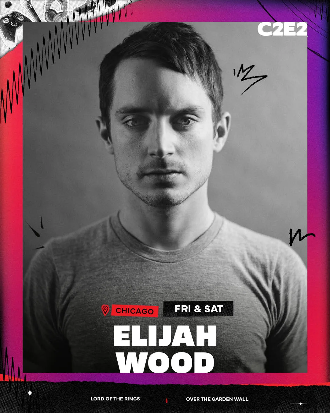 Guest announcement card: Elijah Wood in black and white, Lord of the Rings and Over the Garden Wall in the credit bar