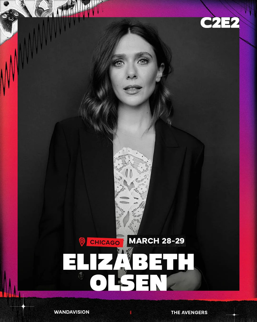 Guest announcement card: Elizabeth Olsen in black and white inside the red C2E2 frame, WandaVision and The Avengers named in the credit bar