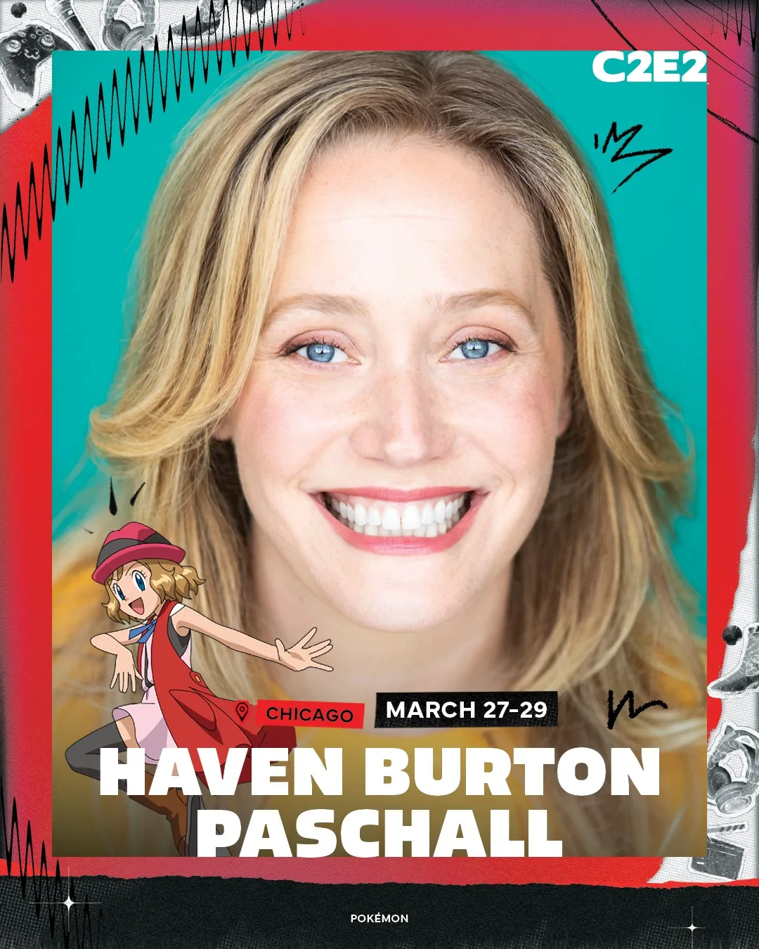 Guest announcement card: Haven Burton Paschall laughing on the teal frame with Serena kicking in beside her name