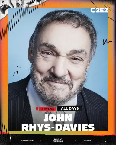 Guest card: John Rhys-Davies on the orange frame, Indiana Jones and Lord of the Rings credited