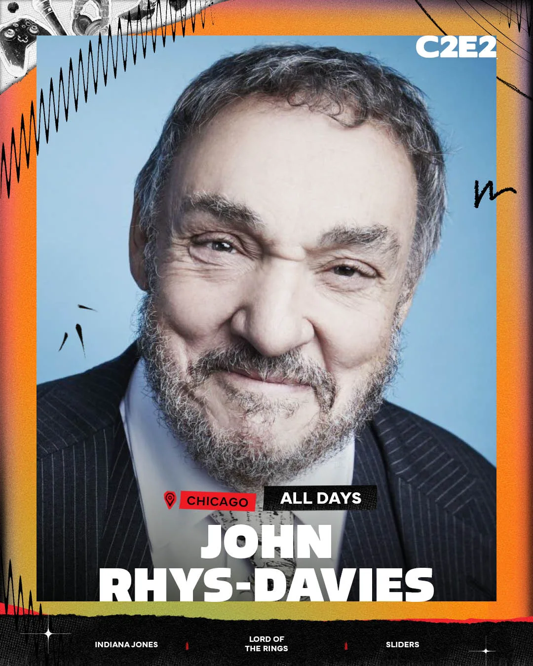Guest announcement card: John Rhys-Davies smiling on the orange frame, Indiana Jones, Lord of the Rings and Sliders credited