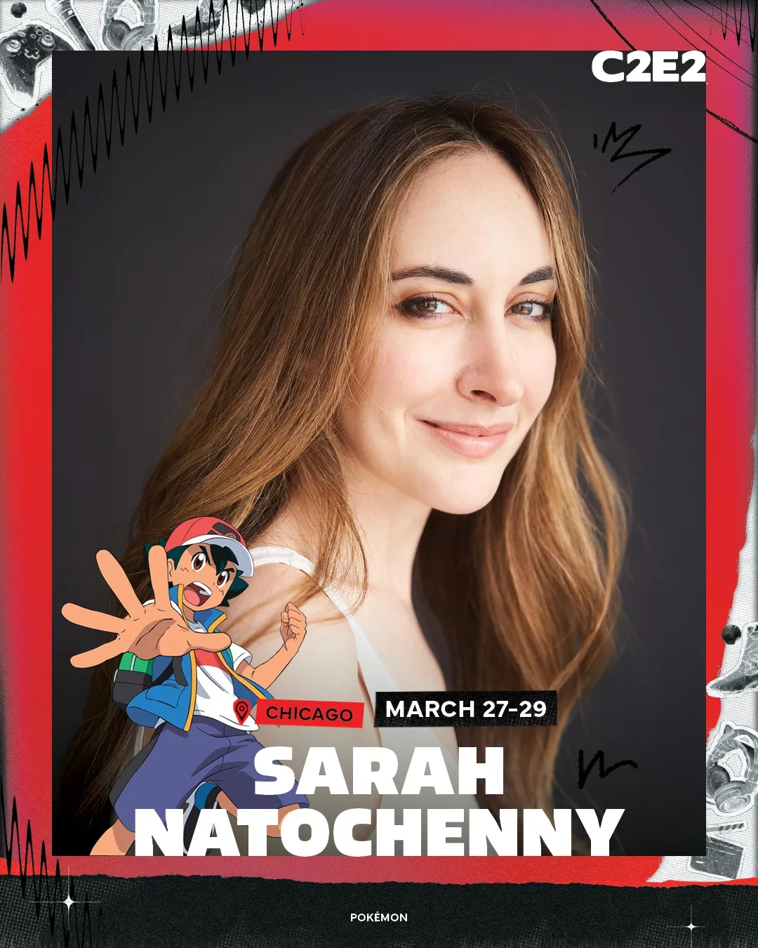 Guest announcement card: Sarah Natochenny with Ash Ketchum leaping in beside her name
