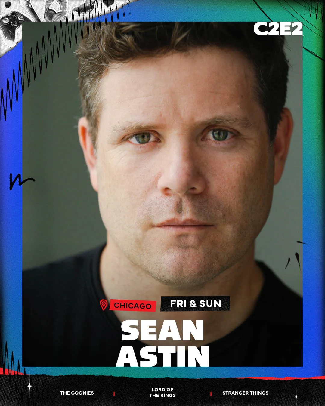 Guest announcement card: Sean Astin on the blue and green frame, The Goonies, Lord of the Rings and Stranger Things credited