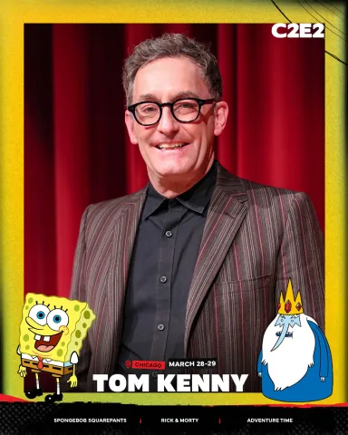 Guest card: Tom Kenny on a yellow frame with SpongeBob and the Ice King drawn in at the corners
