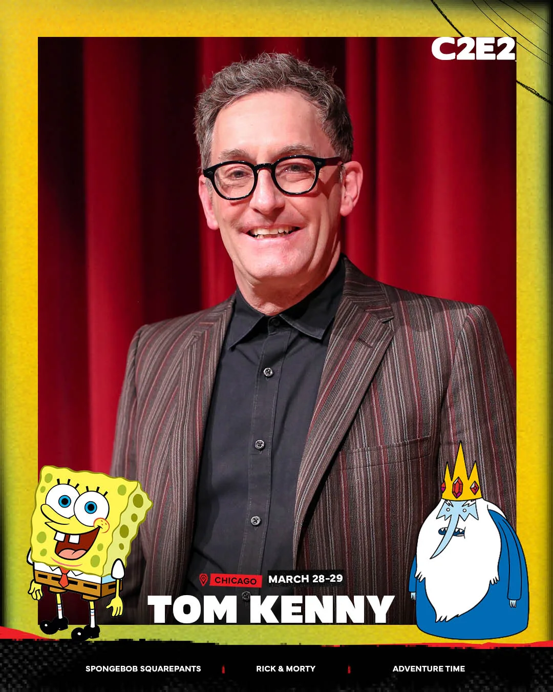 Guest announcement card: Tom Kenny on a yellow frame with SpongeBob and the Ice King drawn in at the corners