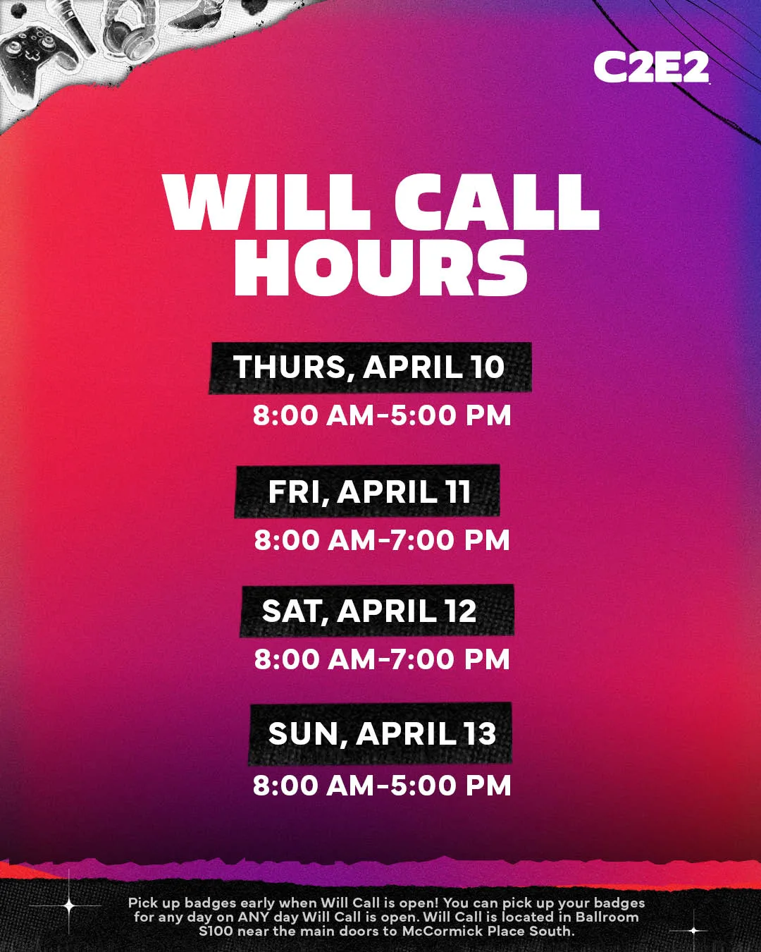Show information card: will call hours for all four days set in the black chip style on the red gradient