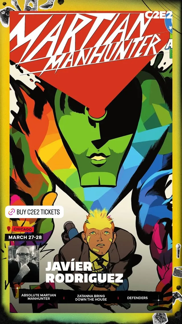 Artist story: Javíer Rodriguez's Martian Manhunter cover art with his portrait and credits along the bottom