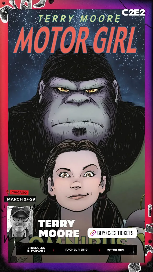 Artist story: Terry Moore's Motor Girl cover, a gorilla looming behind the heroine, with his portrait and credits below