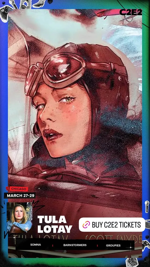 Artist story: Tula Lotay's painted aviator in goggles fills the frame, her portrait and credits below with a Buy C2E2 Tickets button