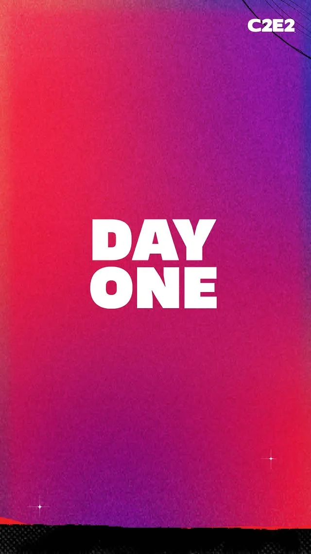 Story title card: DAY ONE in white slab type on the red C2E2 gradient