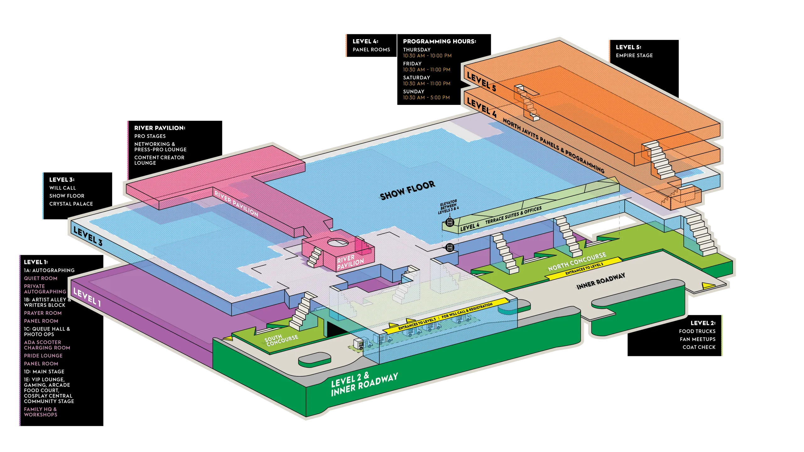 3D map of the Javits Center for New York Comic Con, first shown whole with all five levels stacked and labeled, then cycling through them one at a time while the rest of the building fades back: level 1 with the main stage and artist alley, the level 2 concourse and inner roadway, the level 3 show floor, the level 4 panel rooms and River Pavilion, and the level 5 Empire Stage