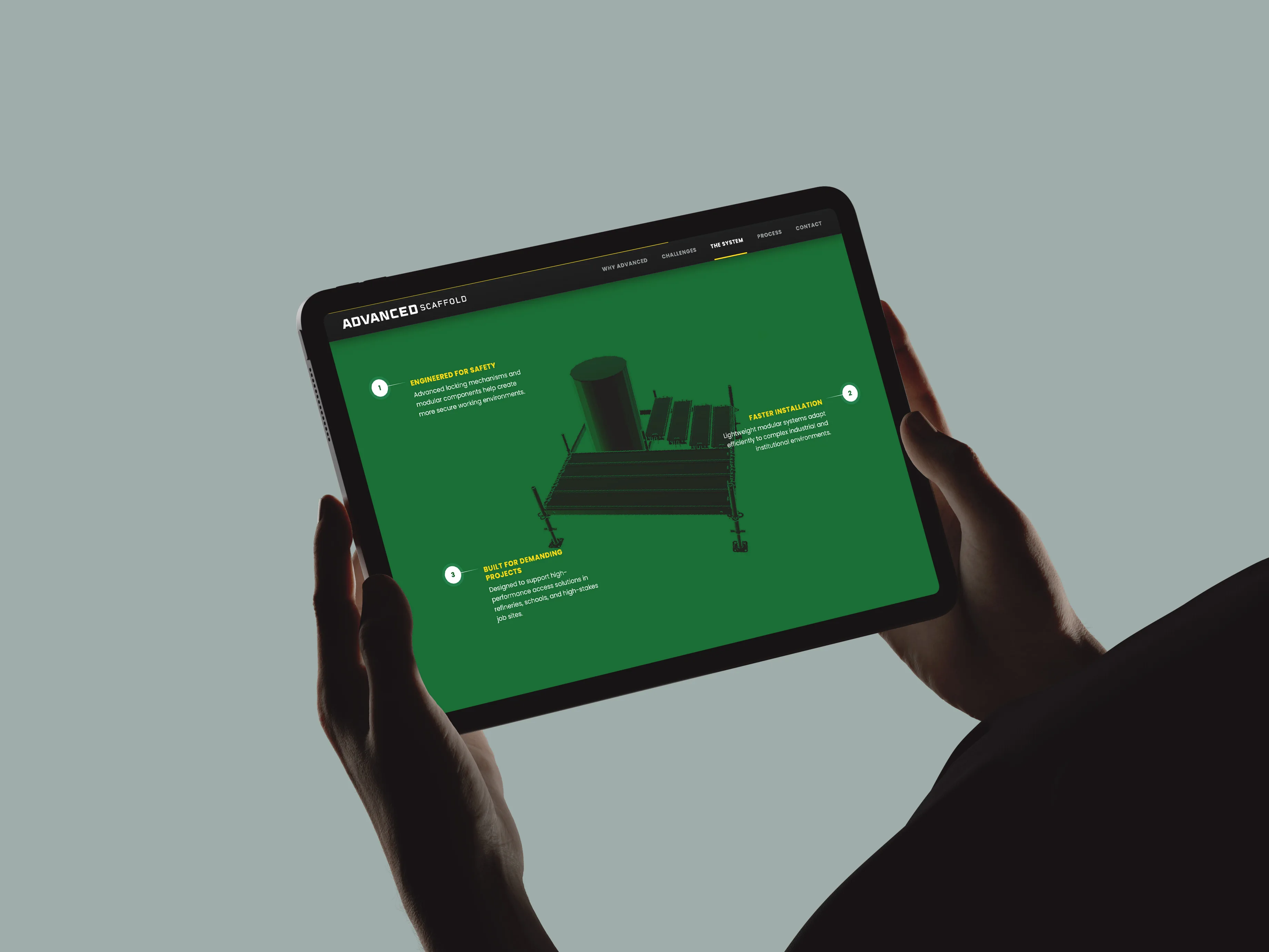 The one-pager's system section on an iPad — the assembled PERI UP frame annotated by its three hotspots, the nav indicator on The System