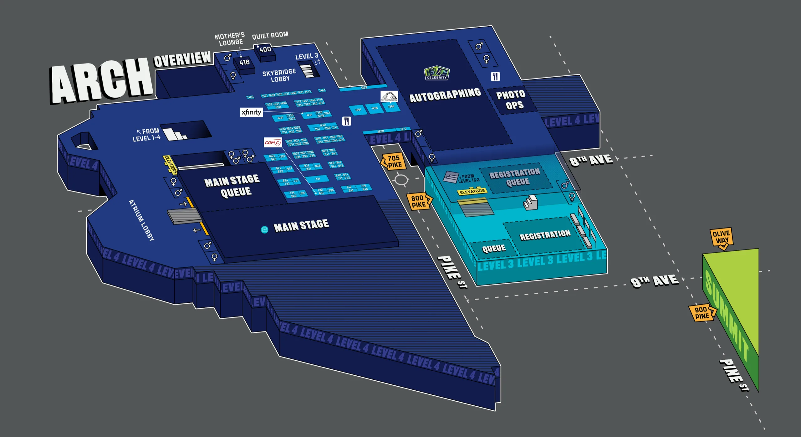 ECCC map of the Arch building, with the main stage, autographing, photo ops and registration, the skybridge lobby, and the streets that separate Arch from Summit