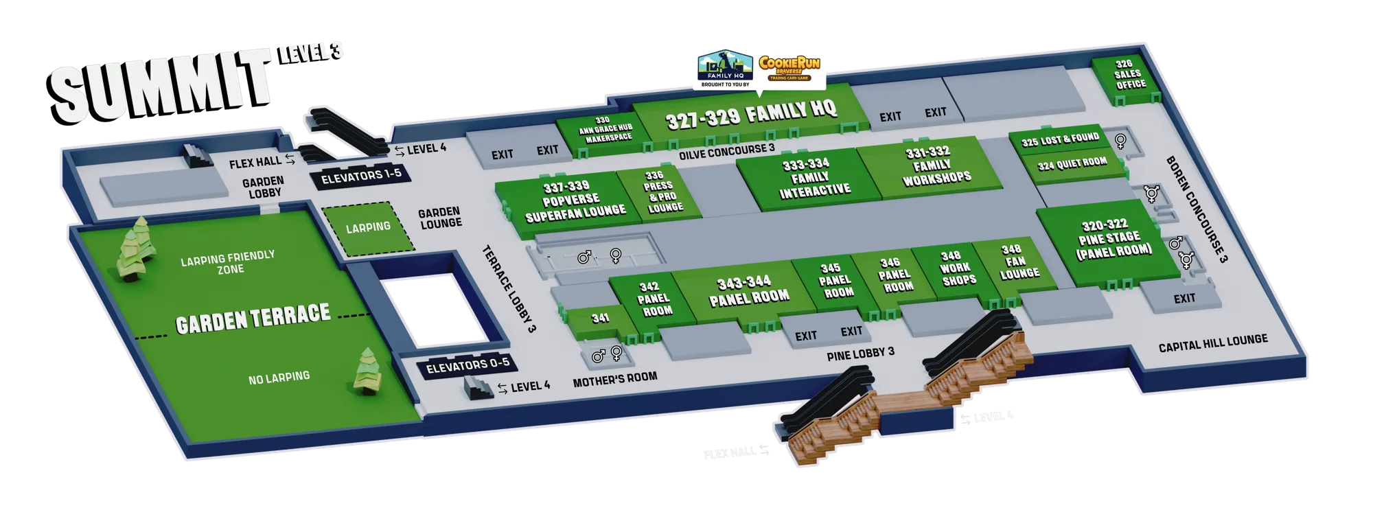 ECCC map of the Summit building at the Seattle Convention Center, with its top three levels stacked, level 3 at the bottom and level 5 at the top