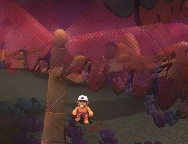 Dithering in Super Mario Odyssey, where foliage in front of the camera is drawn as a dot pattern so Mario stays visible behind it