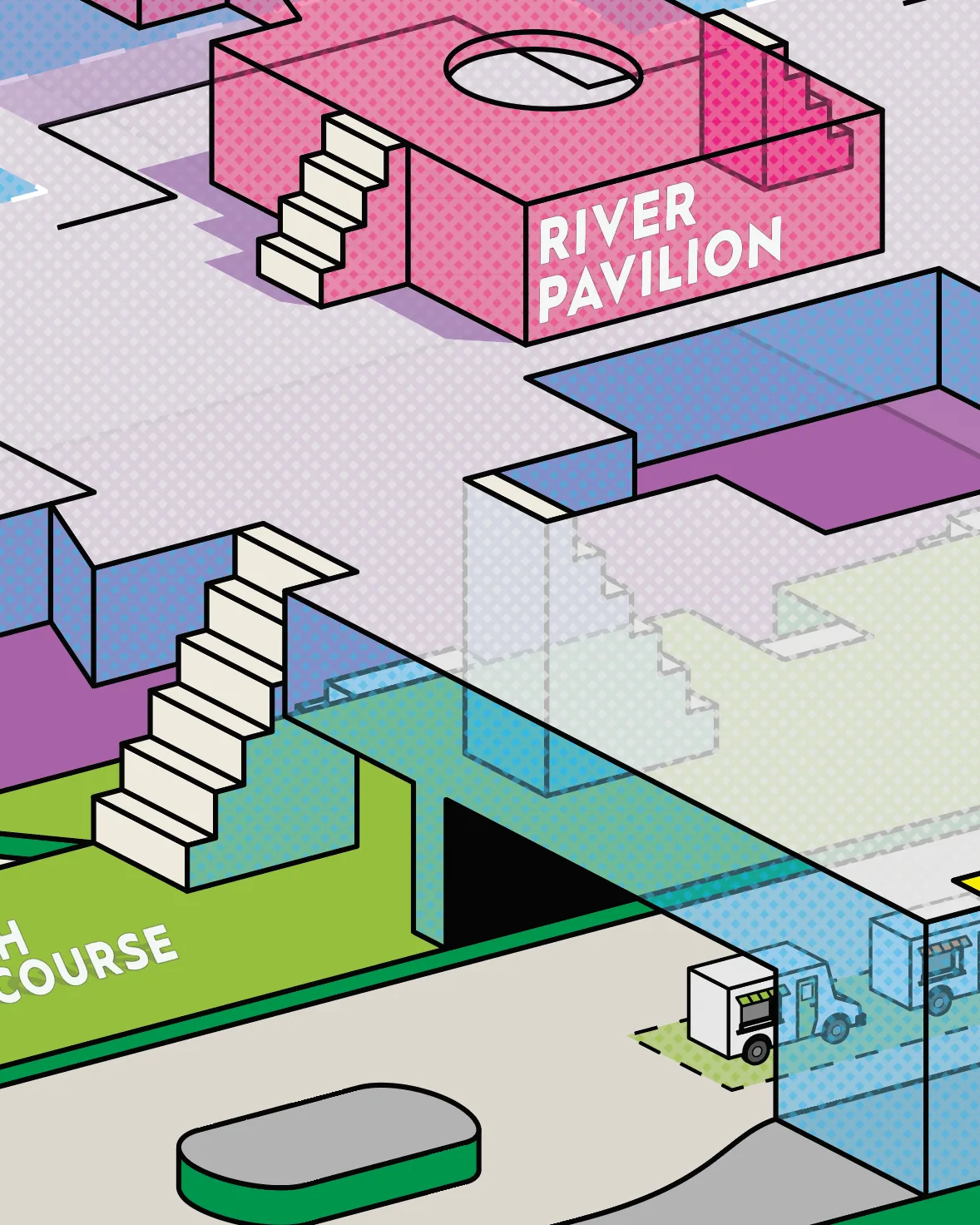 Close-up of the 3D comic con map of the Javits Center, where dithered glass levels let the staircases and the River Pavilion behind them stay visible