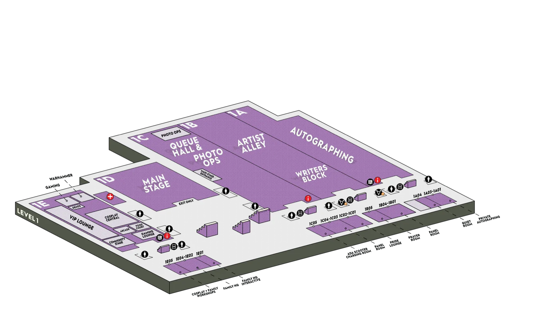 3D comic con map of the Javits Center, cycling through all five levels one at a time: level 1 and its main stage, the level 2 concourse and inner roadway, the level 3 show floor, the level 4 panel rooms, and the level 5 Empire Stage