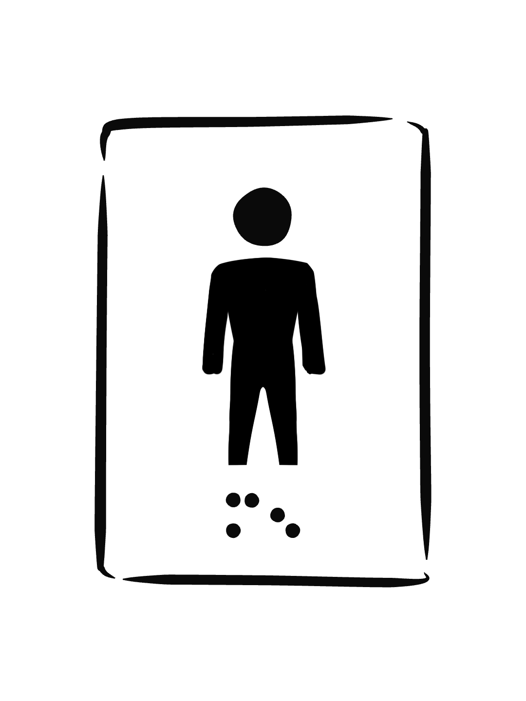 ADA restroom sign drawn in marker, a standing figure pictogram above raised braille dots