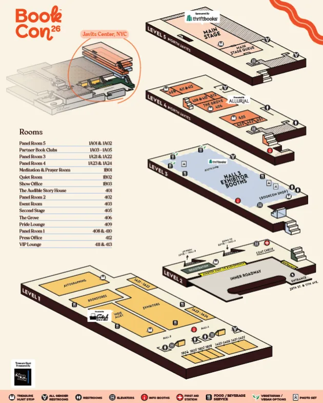 The simpler 3D venue map of the Javits Center for BookCon 2026, five stacked isometric levels with a room list on the left and an icon key along the bottom