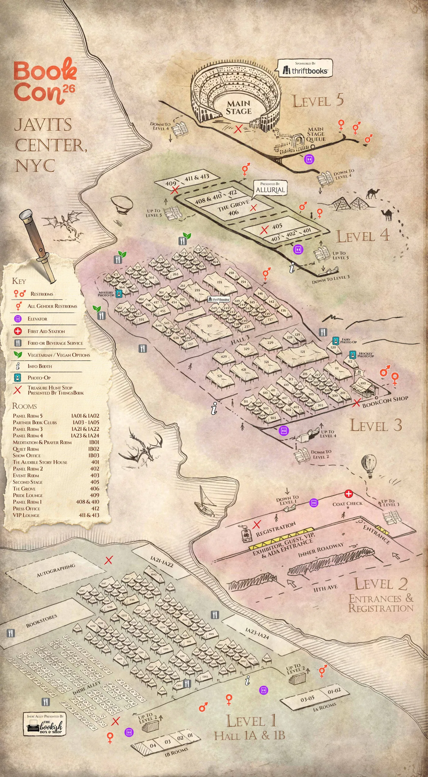 Fantasy event map of the Javits Center for BookCon 2026, its five levels inked as a parchment landscape with a colosseum main stage, tents for booths, a ship and dragons, and a scroll-shaped key