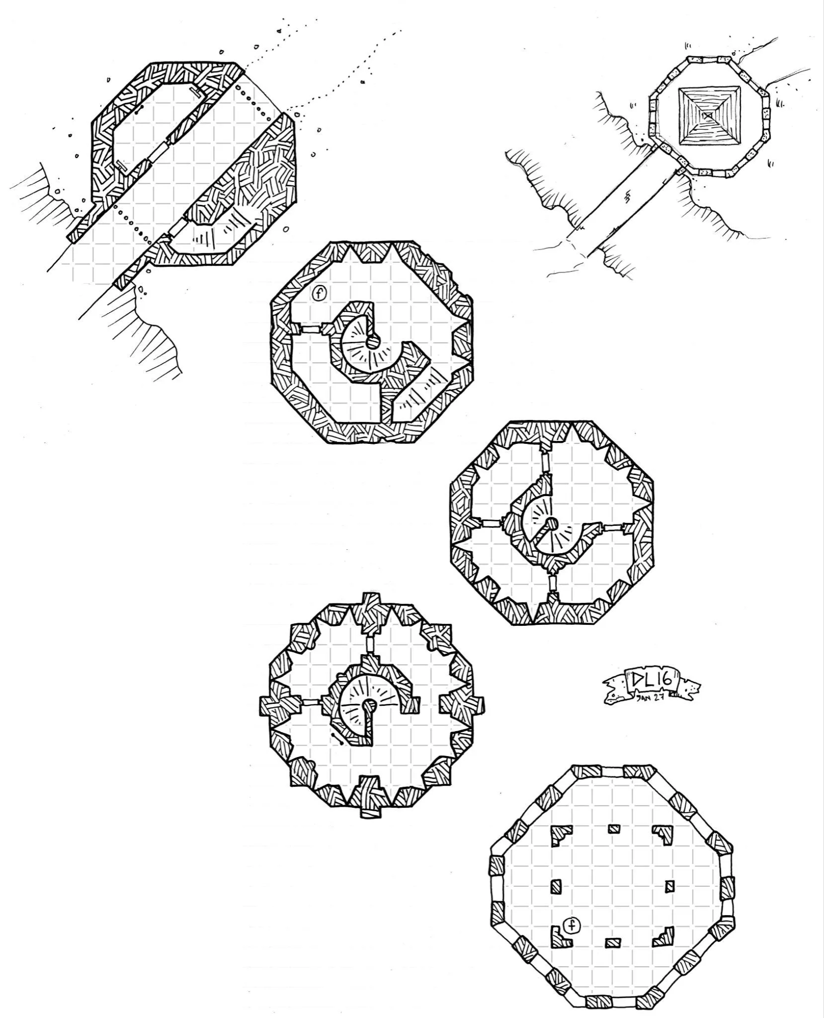 D&D battlemap of a bridge tower by Dyson Logos, five gridded floor plans in black ink with octagonal walls, spiral stairs and the passage over the ravine