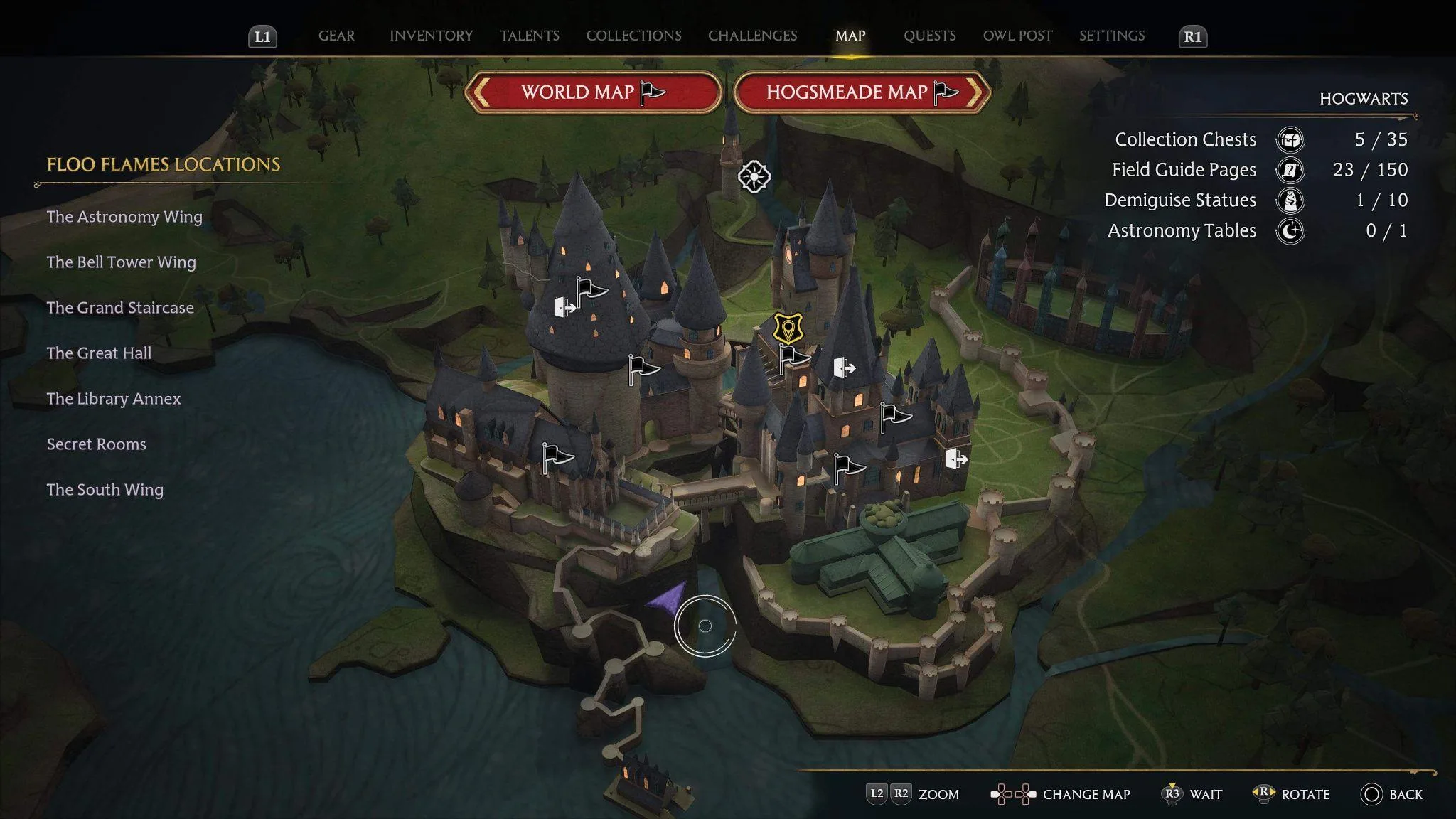 Hogwarts Legacy map screen with the castle as a rotatable 3D model, regional flags on its towers, Floo Flame locations listed on the left and collection counters on the right