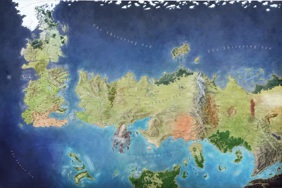 Westeros map of the Known World from A Song of Ice and Fire, with Westeros drawn densely on the left and Essos thinning out toward the east