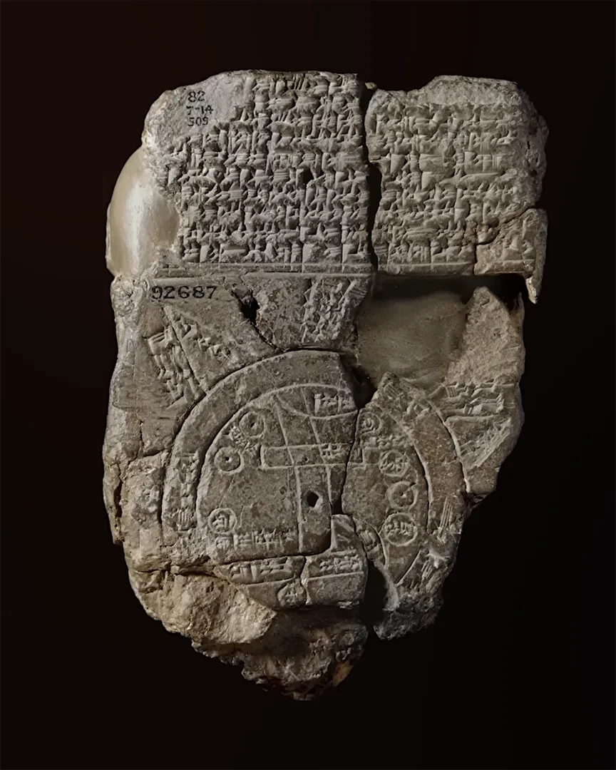 The Babylonian Map of the World, the oldest known map key, a clay tablet with a block of cuneiform above and a circular map below