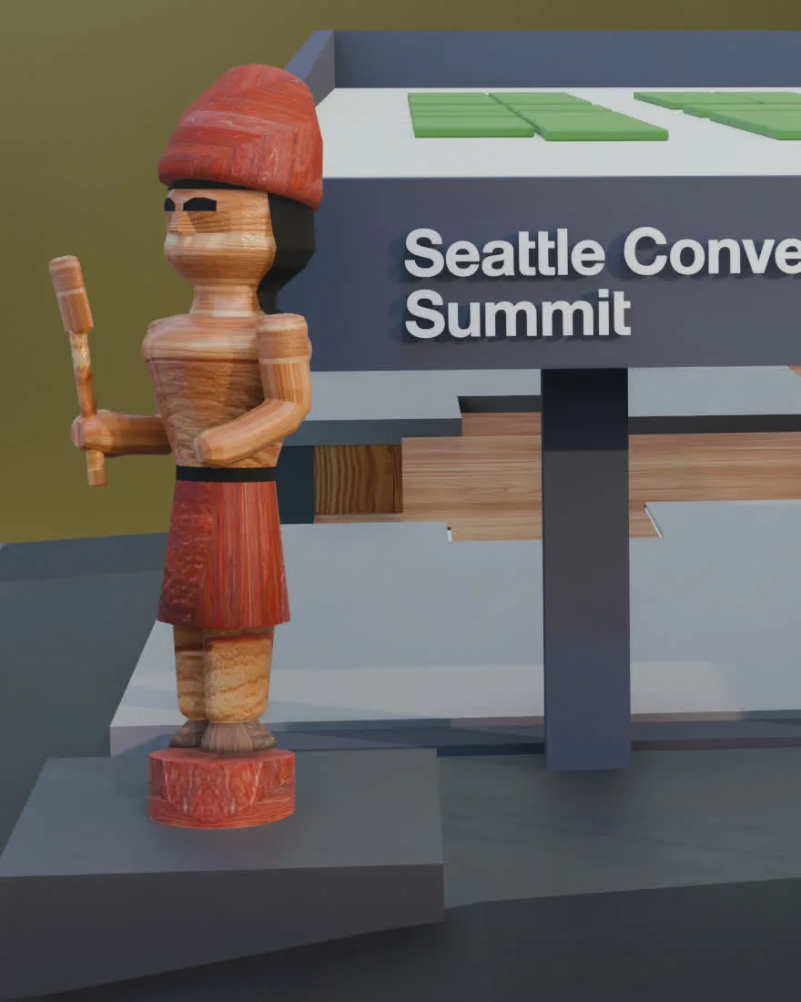 The same sculpture drawn in 3D on the Emerald City Comic Con venue map, marking the arrival point at the Summit entrance