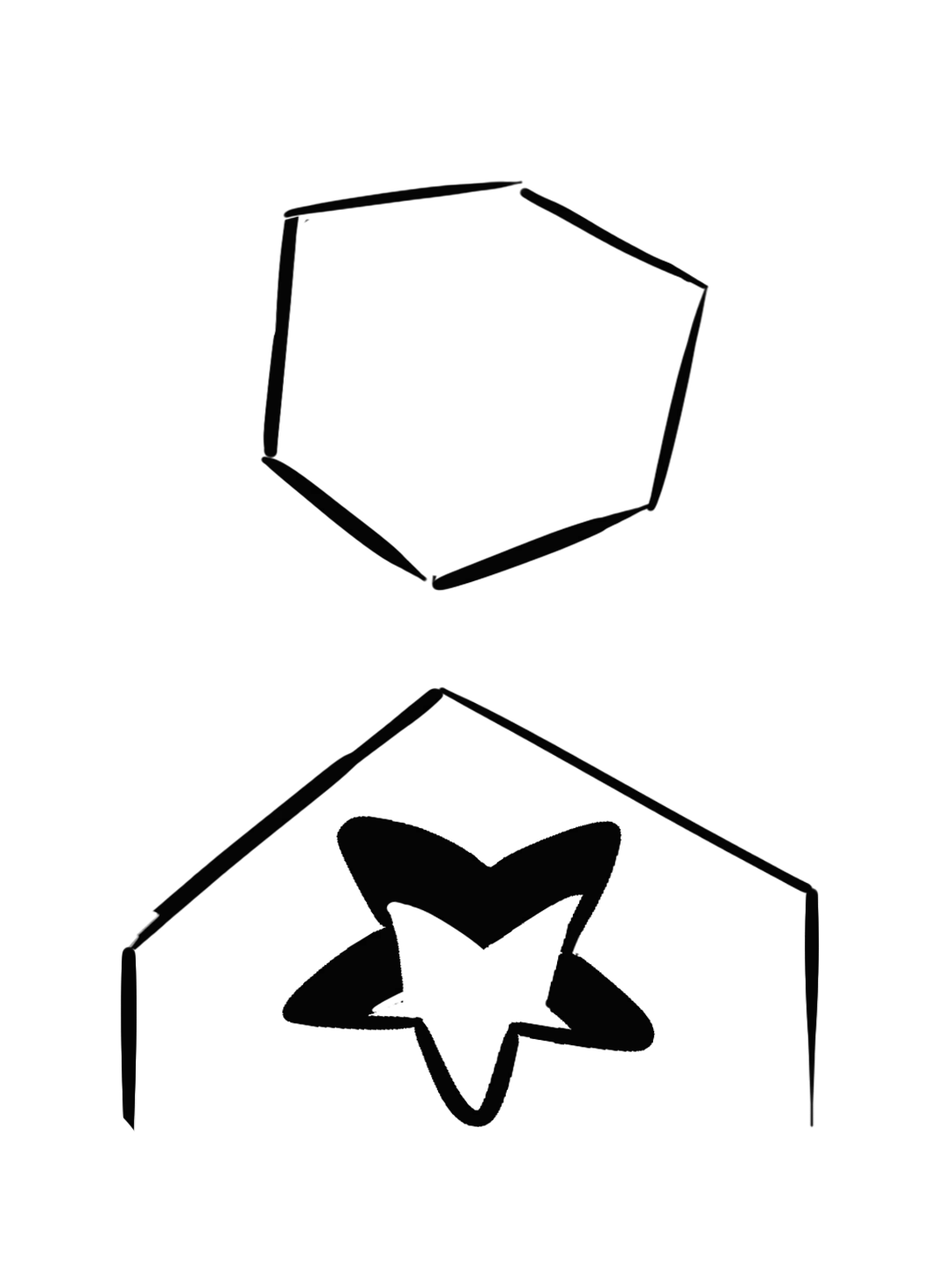 Map legend symbols drawn in marker, an open hexagon above a pentagon with a star inside it