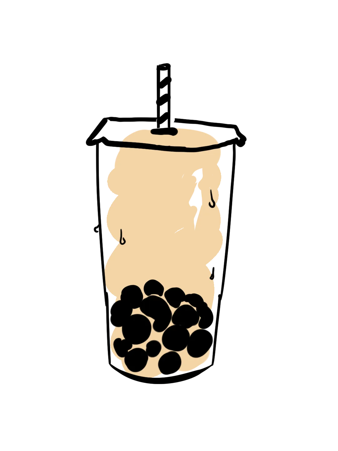 Boba tea sketched in marker, a clear takeaway cup with a striped straw, pale milk tea and black tapioca pearls at the bottom