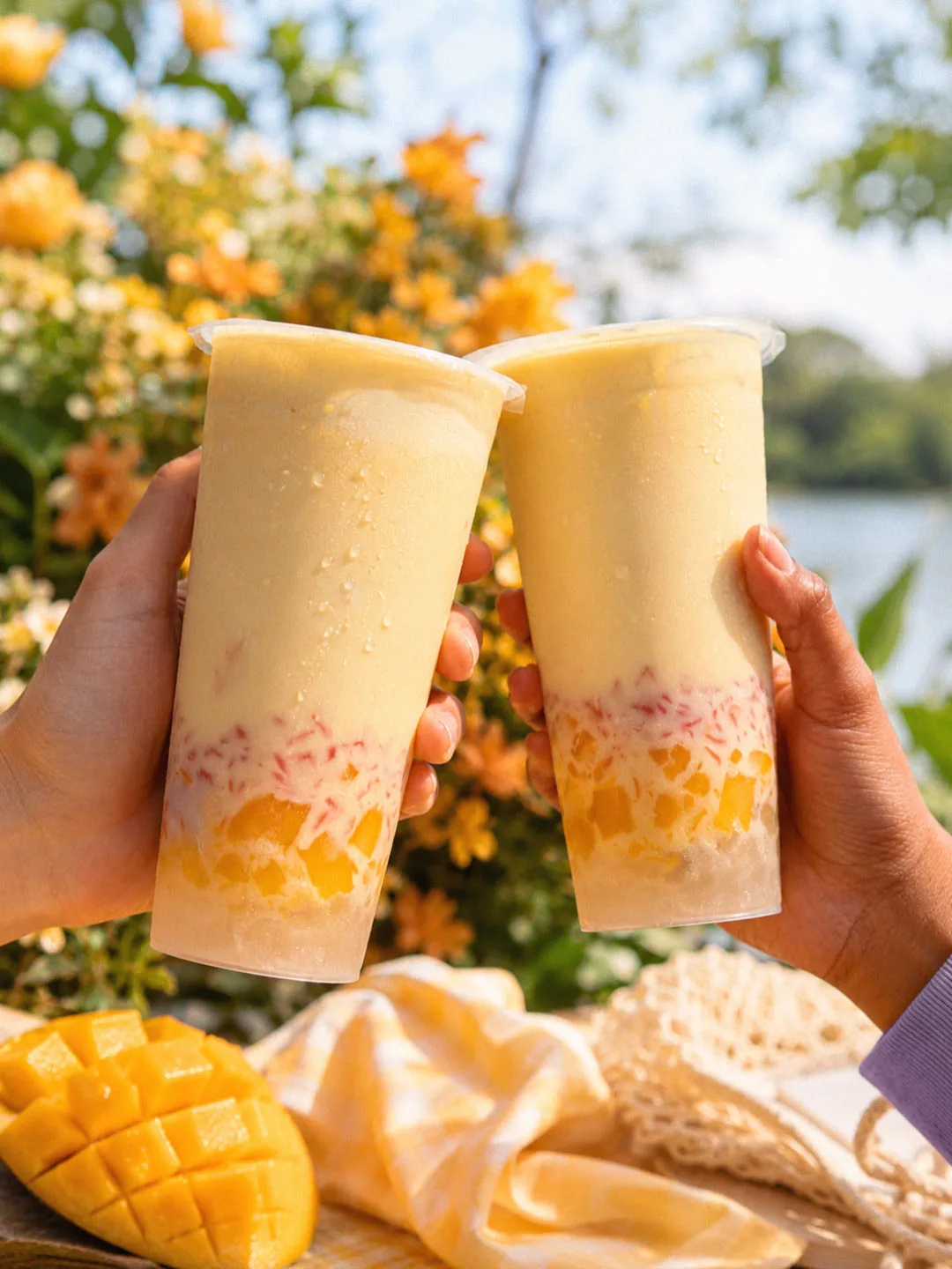 Two mango pomelo seasonal drinks held up in front of orange flowers, with cut mango below