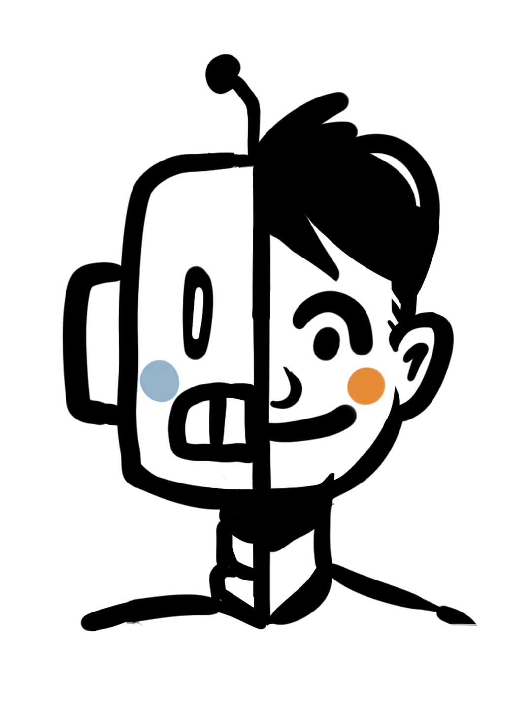 Will AI replace graphic designers? A marker sketch of one face split down the middle, half robot with an antenna and half human designer