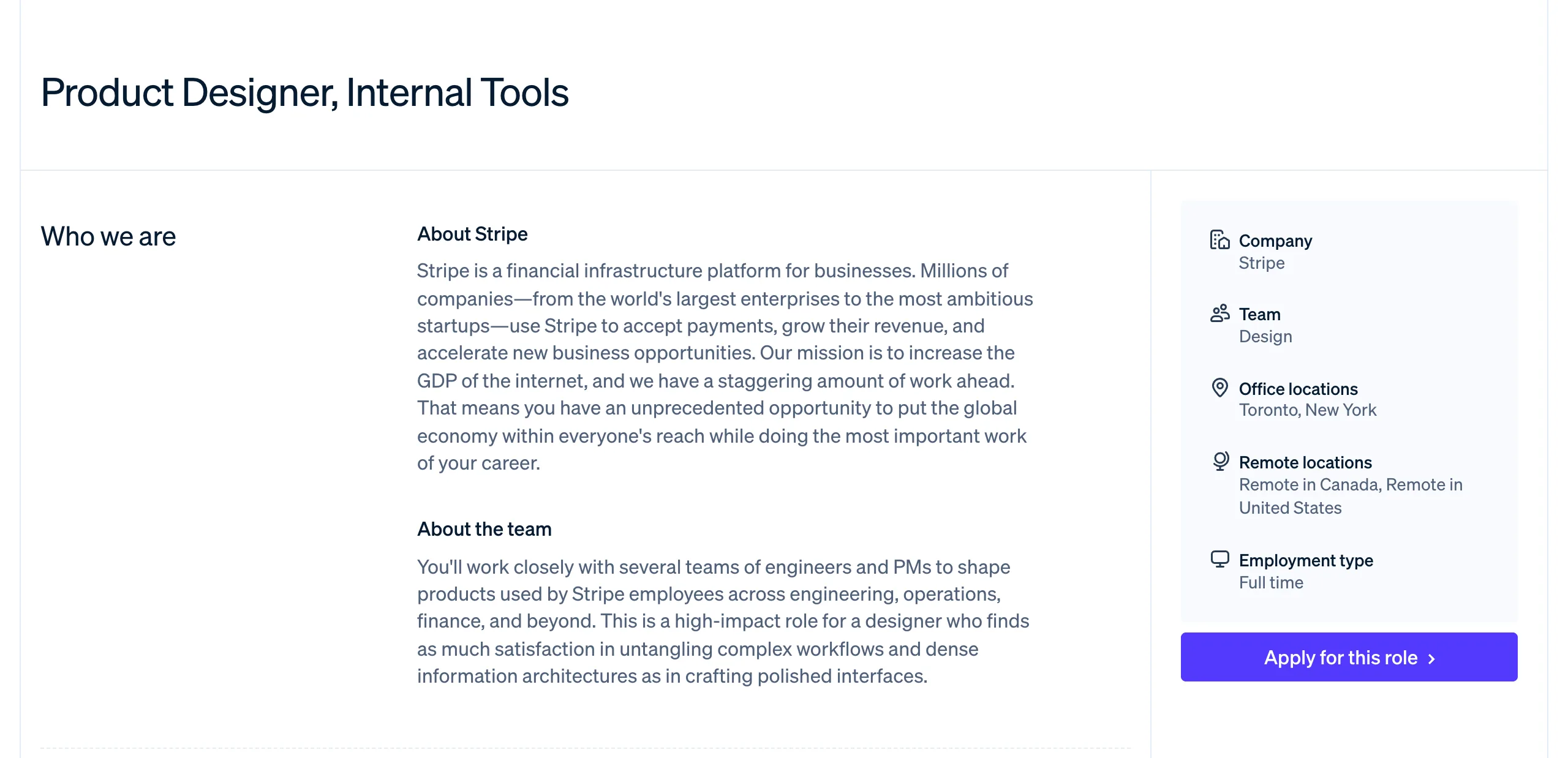 Stripe’s job posting for Product Designer, Internal Tools, describing a role that serves engineering, operations and finance and asks for someone who enjoys untangling complex workflows